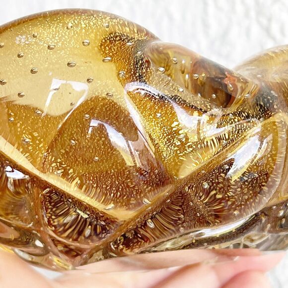 VTG Murano Amber Bowl Hand Mouth Blown Glass Laid in Bubbles Ashtray Dish Heavy - Picture 8 of 11